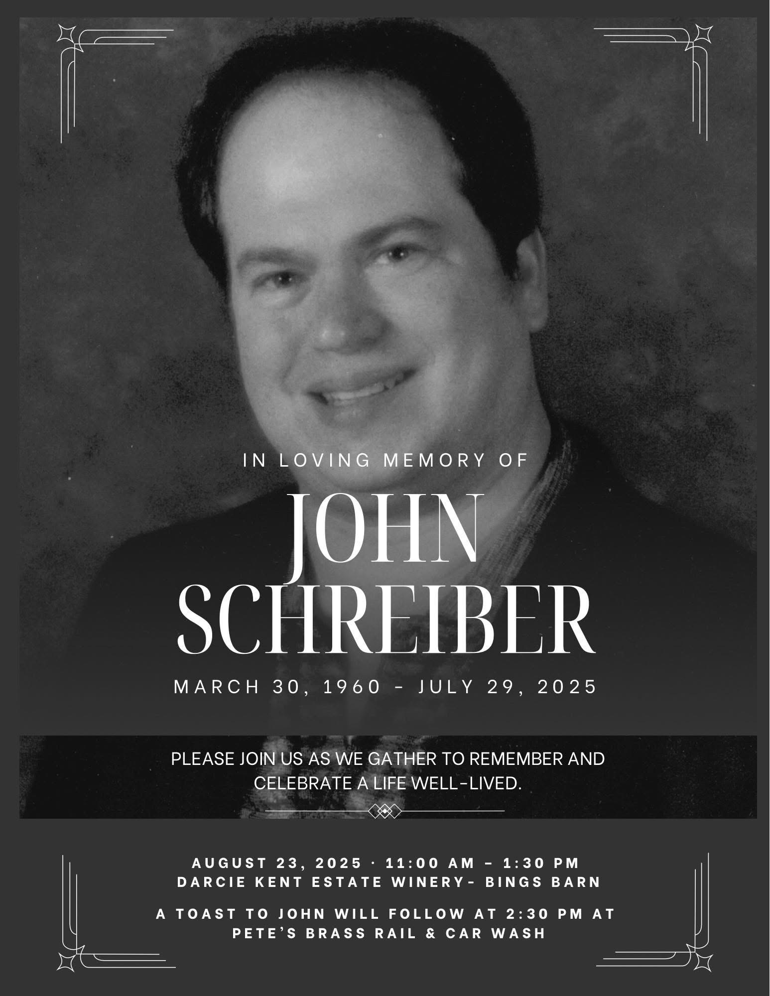 Announcement image for John Schreiber rememberances.